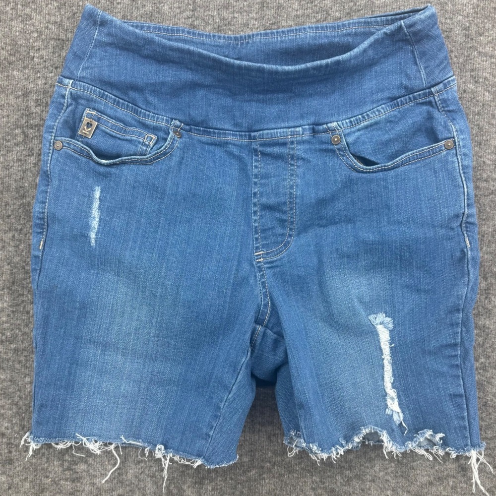 Belle by Kim Gravel Blue Distressed Pull On Denim Shorts Frayed Hem Women Size 8